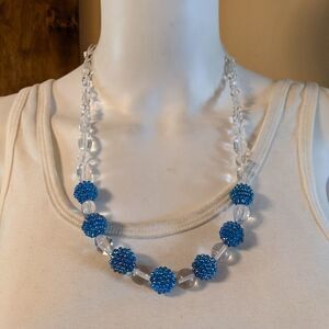 Vintage blue bead ball & clear bead necklace